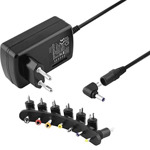 Stabilisiertes Universal Netzteil Ladegerät mit verschiedenen 90° Winkel-Adaptern für Geräte bis zu 1500mA, Eingang 230V, Ausgang 9 12 15 18 20 24 V DC, Schwarz