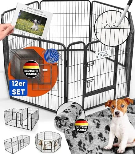 PFOTENWUNDER® Welpenauslauf 8/12-teilig mit Hundebett - Faltbarer Welpenlaufstall 80cm hoch, 2x2m, inkl. Hundebett. Extra stabil und wetterfest, ideal für drinnen und draußen. Mit hilfreichem Trainingsbuch für eine sanfte Eingewöhnung.