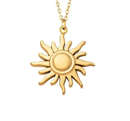 Kritz Damen Halskette Sonne Gold - Sonnenanhänger 18k Vergoldet mit Anhänger 316L Edelstahl - Sun Rund mit Verstellbare Kette - Schmuck Geschenke für Frauen (Sonne)