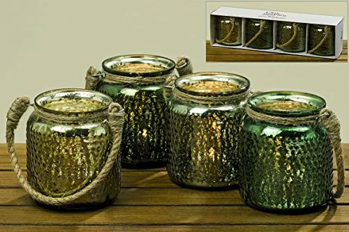 Windlichter Leef im Set Glas Teelichthalter grün in Geschenkverpackung Retro Kerzenhalter Tischdekoration 4 x