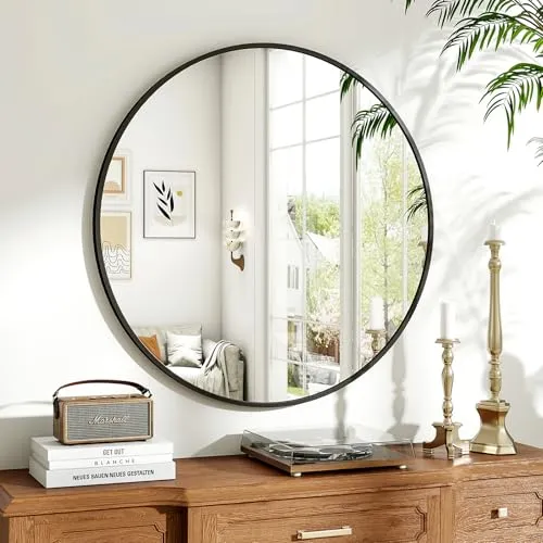 Koonmi runder Wandspiegel 80 cm mit schwarzem Metallrahmen in schwarz von Koonmi