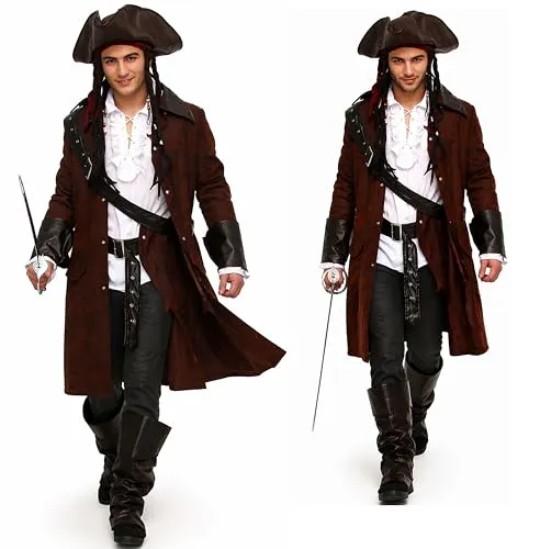 MAYLYNN 12104 - Piratenkostüm Jack mit Hut und Zubehör - Kostüme für Erwachsene, 5-teiliges Freibeuter-Outfit mit Mantel, Hut und Gürtel für einen authentischen Piratenlook.
