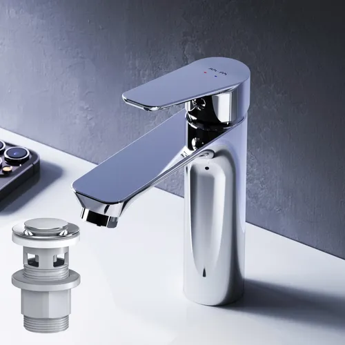 AM.PM Badarmatur mit Pop-Up Ablaufventil - Waschtischarmatur aus verchromtem Messing mit Einhebelmischer, ideal für modernes Badezimmerdesign, langlebig und leicht zu reinigen.