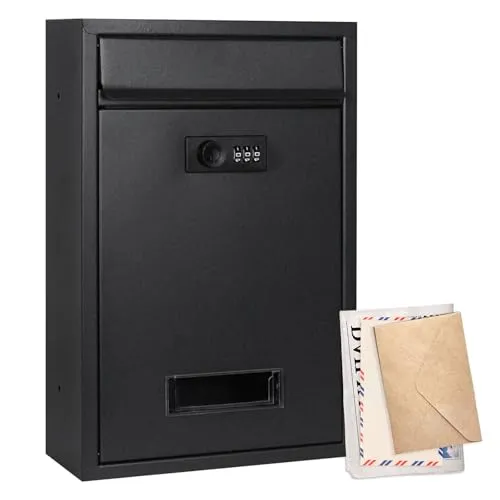 Briefkasten Schwarz mit Zahlenschloss, Wetterfester Wandbriefkasten aus Stahl, Postkasten Regenabweisend für Außenbereich – 32 x 21,7 x 8,4 cm