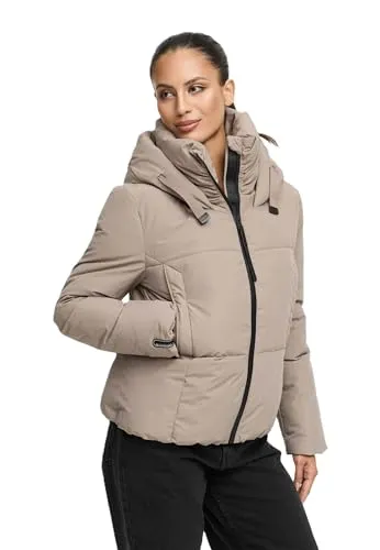 MARIKOO Damen Winterjacke N086 - Kapuze, Fleecefutter, TaupeGrey, Größe XL - Kuschelige Winterjacke mit weichem Fleece-Innenfutter und leicht wattiertem Obermaterial. Ideal für kalte Tage, bietet Wind- und Kälteschutz. Praktische Taschen und elastische Bündchen sorgen für hohen Tragekomfort.