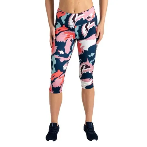 Dare 2B Influential II 3/4 Damen-Yoga-Leggings mit Marmor-Druck, Größe 42 - Hochwertige 3/4-Leggings für Yoga und Fitness. Das schnell trocknende Material sorgt für hohen Tragekomfort und leitet Feuchtigkeit ab. Ideal für jede Aktivität mit UV-Schutz und recyceltem Polyester.