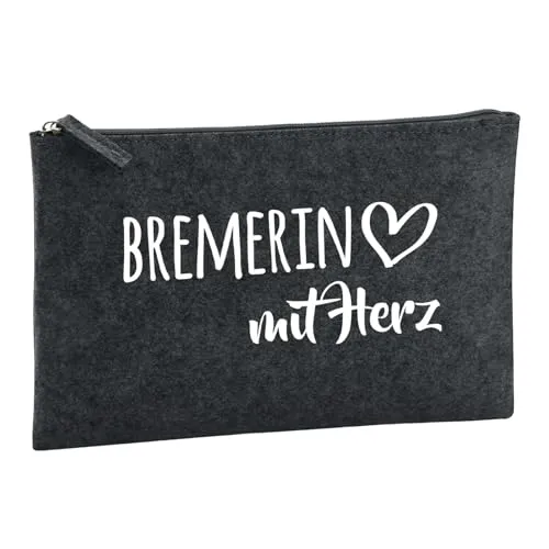 Huuraa Kulturbeutel Bremerin mit Herz Geschenk 1 Liter Filz Charcoal Kosmetiktasche Bremerin Geschenkidee