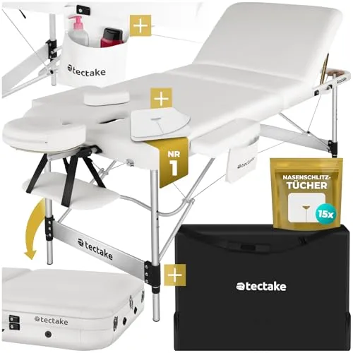tectake® Massageliege 3 Zonen - Klappbar & Höhenverstellbar - Massageliege, ideal für Profis und Einsteiger, mit 5 cm dicker Polsterung für maximalen Liegekomfort. Leicht transportierbar und bis zu 230 kg belastbar, perfekt für mobile Anwendungen.
