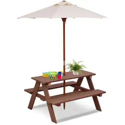 COSTWAY Kinder Sitzgruppe mit abnehmbarem Sonnenschirm - Vielseitige Kindermöbel mit 4 Sitzplätzen, abnehmbarer Schirm und stabiler Holzstruktur. Ideal für Picknicks und kreative Aktivitäten im Innen- und Außenbereich.
