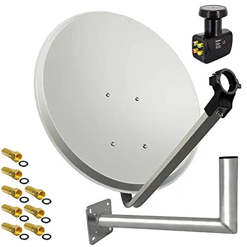 Premium X SAT Anlage 45cm - Hellgrau Satelliten-Antenne mit Quad LNB - Hochwertige 45 cm SAT-Antenne für optimalen Empfang, pulverbeschichtet und rostfrei. Ideal für bis zu 4 Teilnehmer, unterstützt 4K Ultra HD und 3D Formate.