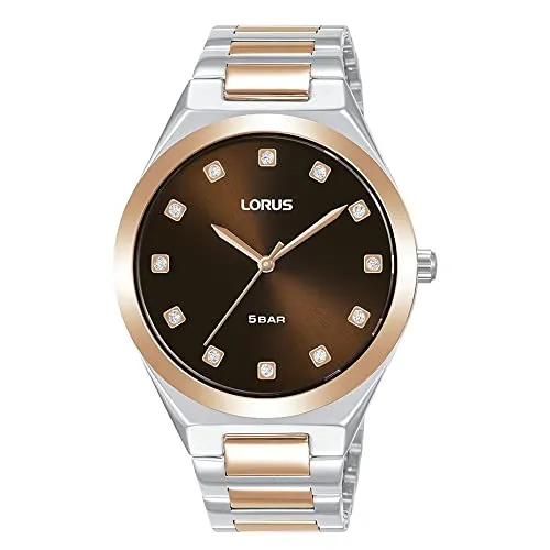 Lorus RG204WX9 Fashion Damenuhr 36mm - Armbanduhren mit elegantem Edelstahlgehäuse in Rosé Gold und Silber, wasserdicht bis 5 ATM und Zifferblatt mit Steinen für einen funkelnden Look.