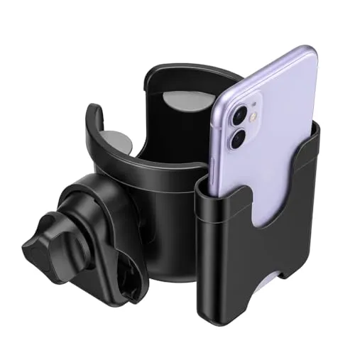 Getränkehalter für Kinderwagen Zubehör Buggy, Suranew Flaschenhalter Fahrrad Universal Kinderwagen Buggy Cup Holder für Trinkflaschen Nuckelflaschen Kaffeehalter(mit Telefonaufbewahrungsbox) Schwarz