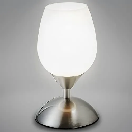B.K.Licht Nachttischlampe mit Touch und Dimmfunktion - Tischlampe mit E14 Fassung, berührungsgesteuert und dimmbar, perfekt für Schlafzimmer oder Büro. Stilvolles Design aus weißem Glas und matt-nickel, ideal für jede Einrichtung.