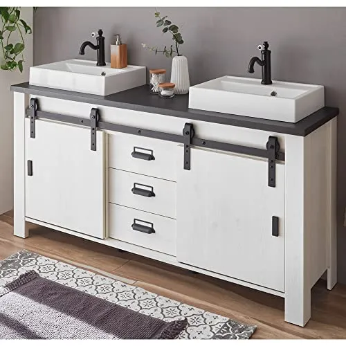 Lomadox Doppelwaschtisch SHELTON-61 - Stylischer Badezimmer Doppelwaschtisch in Pinie weiß Nb. mit anthrazit, inklusive 2 Aufsatzwaschbecken und Softclose-Funktion für leises Schließen der Schubladen.