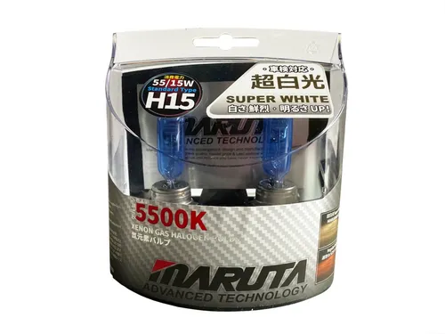 MARUTA SUPER WHITE H15 12V 55/15W Halogenlampe - Autobeleuchtungen mit 5500K Xenon-Effekt für optimale Sicht und Sicherheit. Langlebige Halogenlampe mit einfacher Montage und Straßenzulassung (ECE Prüfzeichen)
