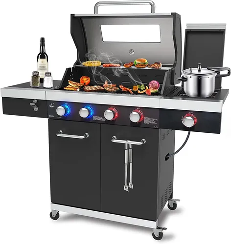 El Fuego Gasgrill Kingston 17,4 kW - Freistehender Gasgrill mit 4 Brennern, LED-beleuchteten Reglern und Infrarot-Seitenbrenner für perfektes Grillvergnügen.