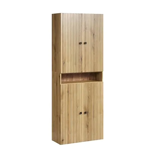 trendteam Bad Hochschrank Pure Bliss Evoke Eiche - Badezimmerschrank mit 4 Türen und trendiger Rillenoptik, widerstandsfähig und nassraumgeeignet für langfristige Freude im Badezimmer.