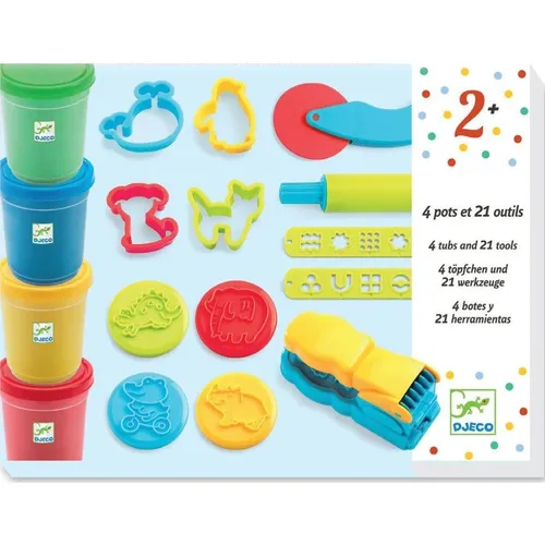 Djeco DJ09755 Kinder Modellage Set - Kreatives Knete Set mit 4 Farben und 21 Werkzeugen, fördert die Fantasie und Motorik, ideal für Kinder ab 2 Jahren.