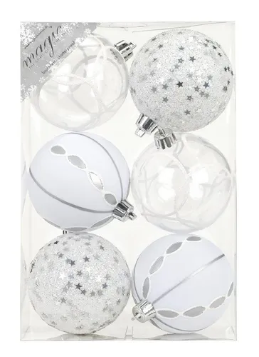 MAGIC by Inge Weihnachtsbaumkugel, Weihnachtskugeln Dekorierte Kugeln Kunststoff 8cm 6er Set - Weiß Mix