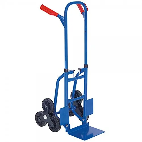 BRB Treppenkarre aus Stahl (blau, Zusammenschiebbar) - Sackkarren für den sicheren Transport auf Treppen mit 3 sternförmig angeordneten Rädern, geschweißter Stahlrohr-Konstruktion und rotem Sicherheitsgriff – ideal für schwere Lasten bis 150 kg.