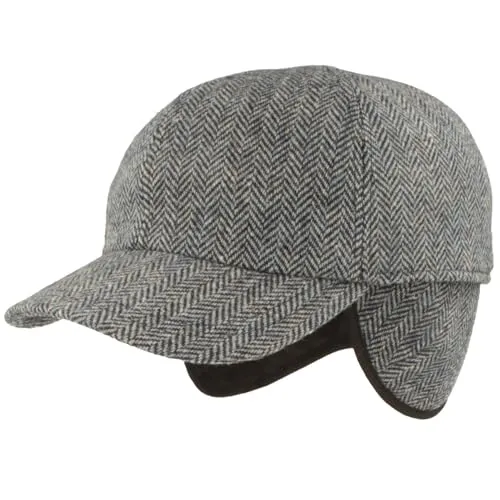 Breiter Winter Baseballcap Schirmmütze Baseball Kappe ausklappbarem Ohrenschutz Basecap aus Wolle - Hellblau Fischgrät 61