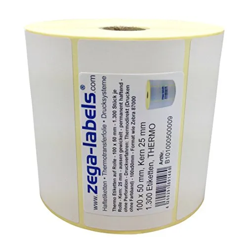 Thermo Etiketten auf Rolle - 100 x 50 mm - 1.300 Stück je Rolle - Kern: 25 mm - aussen gewickelt - permanent haftend - Druckverfahren: Thermodirekt (Drucken ohne Farbband)