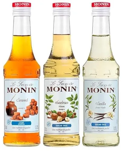 MONIN Sirup Zuckerfrei Set – Kaffee Sirup 3x250 ml (Vanille, Haselnuss, Caramel) Zero Zucker – Kalorienarm, Glutenfrei, ideal für Latte, Desserts & Cocktails