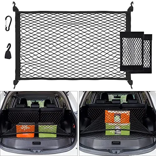 UIHOL Kofferraumnetz Auto - 140x100cm Aufbewahrungslösung - Praktisches Gepäcknetz für Autos, ideal zur Sicherung von Fracht und kleinen Gegenständen. Mit 4 Metallkarabinern und 2 Organizer-Netztaschen für mehr Ordnung im Kofferraum.