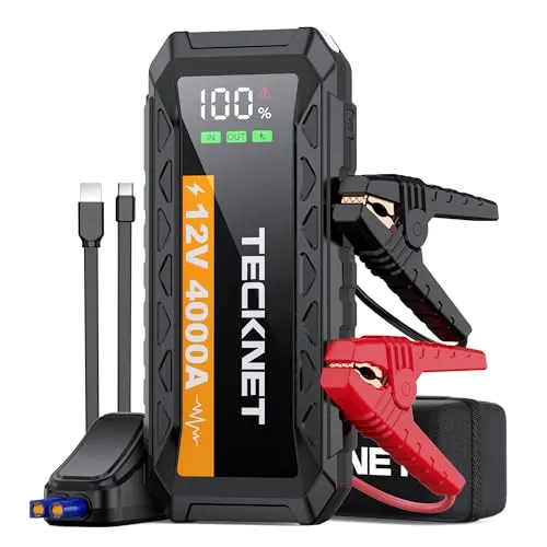 TECKNET Starthilfe Powerbank für Pkw – Auto Starthilfe Powerbank 4000A 12V, bis 8.5L Benzin/8.5L Diesel, mit LED Taschenlampe, 2 Schnelllad-USB-Ausgängen, Autobatterie Booster & Aufbewahrungsbox
