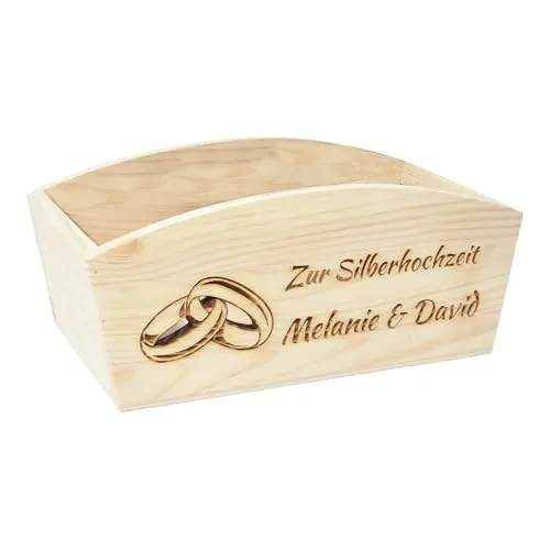 CHICCIE Geschenkkorb Personalisierbar Wunschtext mit Ringen 24x13x8cm Abgerundet Präsentkorb Holz Geschenkidee Holzkiste Hochzeit Verlobung Personalisierung