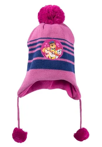 United Labels Paw Patrol Wintermütze für Mädchen, Pink Blau, Strickmütze mit Bommel, Kinder Bommelmütze mit Ohrenklappen und Kordeln