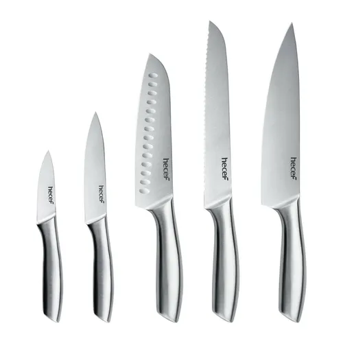 Silbernes Küchenmesserset mit Hohlem Griff - Küchenmesser-Set aus hochglanzpoliertem Edelstahl, inklusive Kochmesser, Santoku-Messer, Allzweckmesser und Brotmesser – ideal für präzise und mühelose Schnittführung.