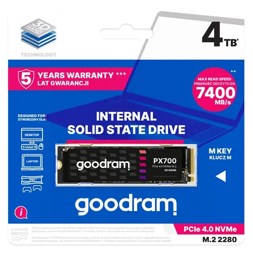 Goodram PX700 4TB SSD Laufwerk - PCIe 4x4 M.2 2280 - Festplatte mit extrem schnellen 7400 MB/s Lese- und Schreibgeschwindigkeiten, ideal für Gaming und kreative Anwendungen, kompatibel mit Notebooks und PCs.