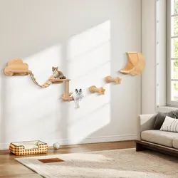 GOPLUS Katzen Kletterwand Set – 6-teiliges Wandpark für Katzen mit Hängematte und Kratzstangen - Platzsparende Kletterwand für Katzen mit bequemer Hängematte, Kratzstangen und Plattformen. Ideal für kleine Räume, sorgt für Spielspaß und Entspannung. Ein niedliches Highlight für Ihr Zuhause!