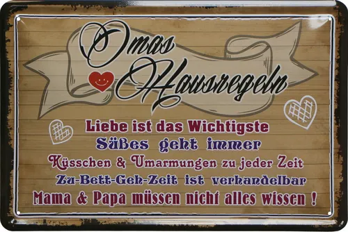 WOGEKA ART Metallbild Omas Hausregeln - 20 x 30 cm Retro Blechschild, Blech1405, Metallschild Wanddeko Schild Wandbild Türschild Großeltern