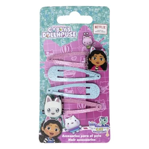Gabby's Dollhouse Accessoires-Set – 4 Haarnadeln – Rosa und Blau – verschiedene Zusammensetzungen – Pin mit dem Gesicht von Gabby und Panty Patitas – Originalprodukt, entworfen in Spanien