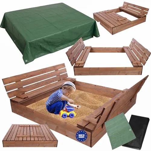 MODO24 Sandkasten mit Deckel und Sitzbänken – Outdoor Spielplatz für Kinder, 140x137 cm, imprägniert