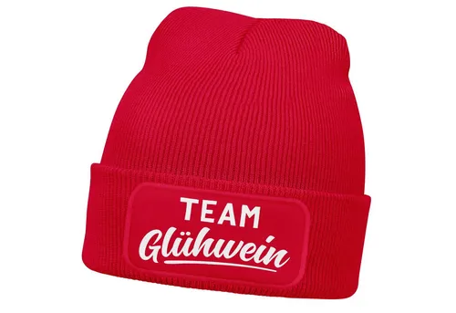 MoonWorks Strickmütze Damen Beanie mit Patch Strickmütze mit Spruch Team Glühwein