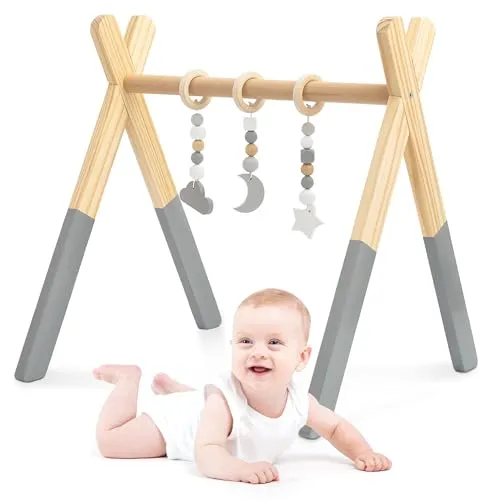 mamabrum Holz Baby Gym Lernständer mit 3 Sinnesanhängern – Sicher für Neugeborene – Montessori – Leicht – Ab 0 Monaten – Natürliches Holz