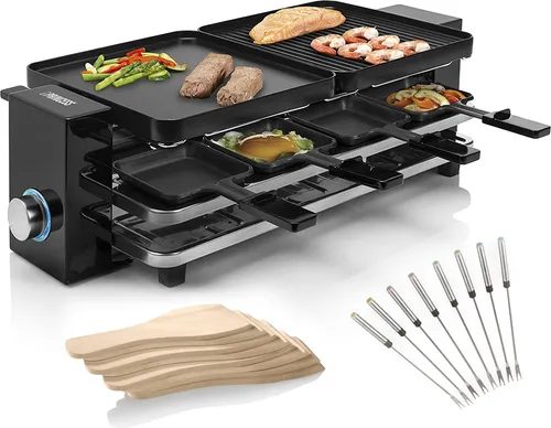 RACLETTE Gerät 8 Personen, 2 wendbare Grillplatten mit Parkdeck, 8 Gabeln, 1200W