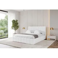ALTDECOR Polsterbett mit Bettkasten - AMEA 200x200 Weiß und Lattenrost, Bett mit Matratze H3/H4, Kopfteil, Boxbett, Doppelbett mit Stauraum - Weiß