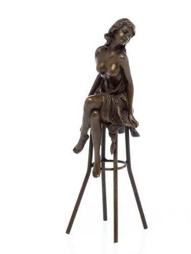 Aubaho Dekoobjekt Bronzeskulptur Akt Frau auf Barhocker Bronze Figur Skulptur sculpture