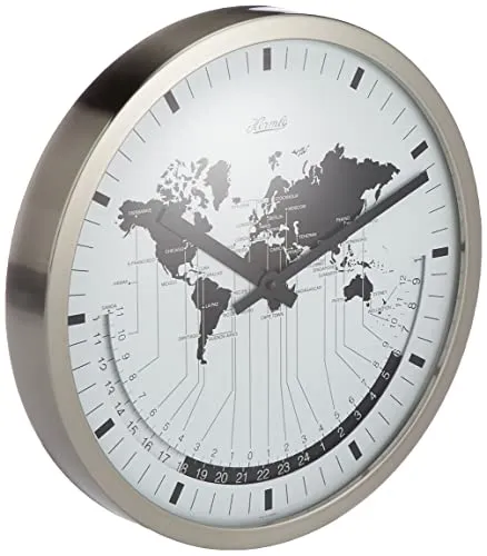 Hermle Wanduhr Weltzeituhr 30504-002100 - Weltzeituhr aus Edelstahl mit weißem Zifferblatt, ideal für stilvolle Wohnräume. Präzise analog Anzeige und elegante mattierte Oberfläche.