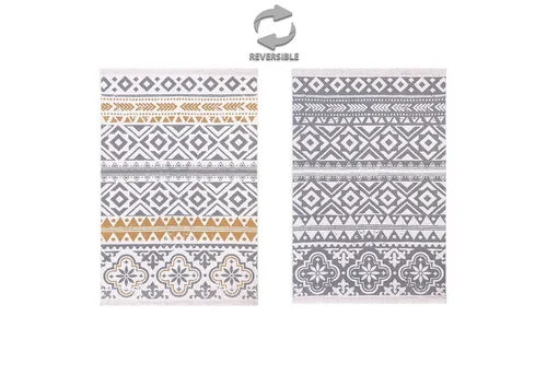 Fashion4Home Teppich Läufer - Boho Kelim in Ceramic-Hellgrau-Gold, 80x150 cm - Teppich für Wohnzimmer, Schlafzimmer, Küche & mehr, wendbar für zwei Looks, umweltfreundlich aus recyceltem Material, maschinenwaschbar bei 30 °C.