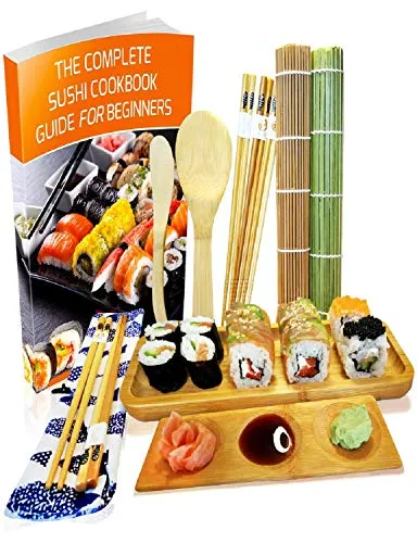 Sushi Maker Kit 11-teilig - Bambus Sushi Set Rollmatte und Servierset für Anfänger - 2 Matten, 5 Paar Essstäbchen mit Tasche, Reislöffel, Spreizer, Servierteller, Triplett-Soßenschale mit Ebook