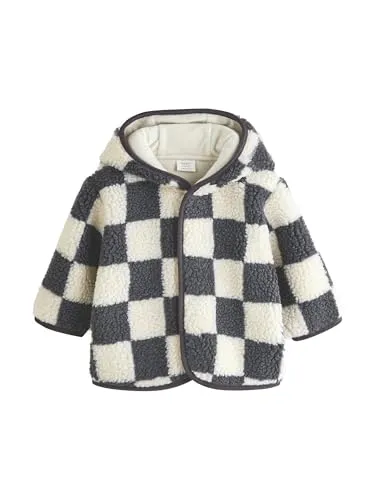 NEXT Baby Jungen Babyjacke aus Teddyfell mit Kapuze Charcoal Grey Checkerboard 56-62