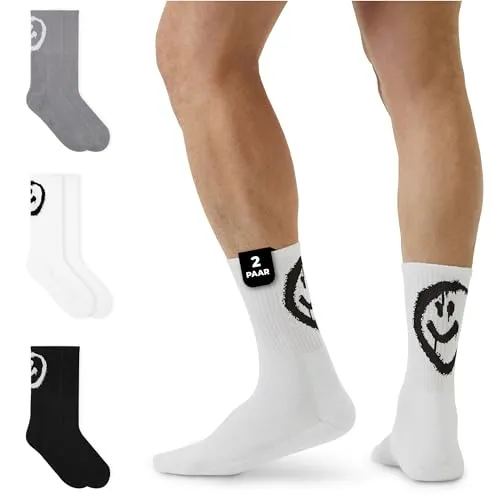 von Jungfeld Tennissocken für Damen & Herren in Gr. 35-46 - Sportsocken (Crew Socks) aus Bio-Baumwolle (DE/NL/SE/PL, Numerisch, 36, 40, Regular, Regular, Smiley - Pure White (2er Pack))