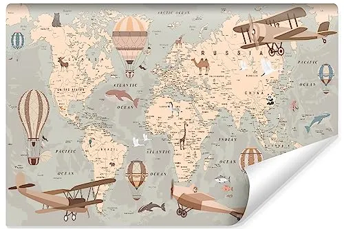 Muralo - 3D Tapete Kinderzimmer Vliestapete für Mädchen Jungen - Fototapete 3D Effekt - Wanddeko für Kinderzimmer Wandtapete Weltkarte Erdkarte Br. 460cm x Hö. 300cm