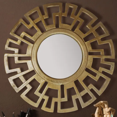 Kadima Design Wandspiegel, Gold, Rund 60x60 cm - Eleganter runder Wandspiegel im Art déco Stil mit handgefertigtem geometrischen Rahmen. Ideal für jeden Raum, verleiht er eine dynamische Note und ist ein absolutes Unikat.