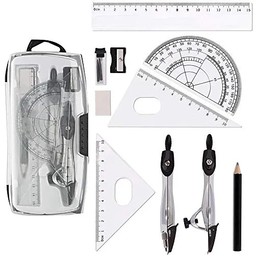 KLYNGTSK Mathematik Set Zirkel-Set Geometrie Set Lineal Set Zeichendreieck Set Compass Geomateire Math Geometry Kit 11 Stück- Studenten Zeichnung Schule Büro Prüfungen